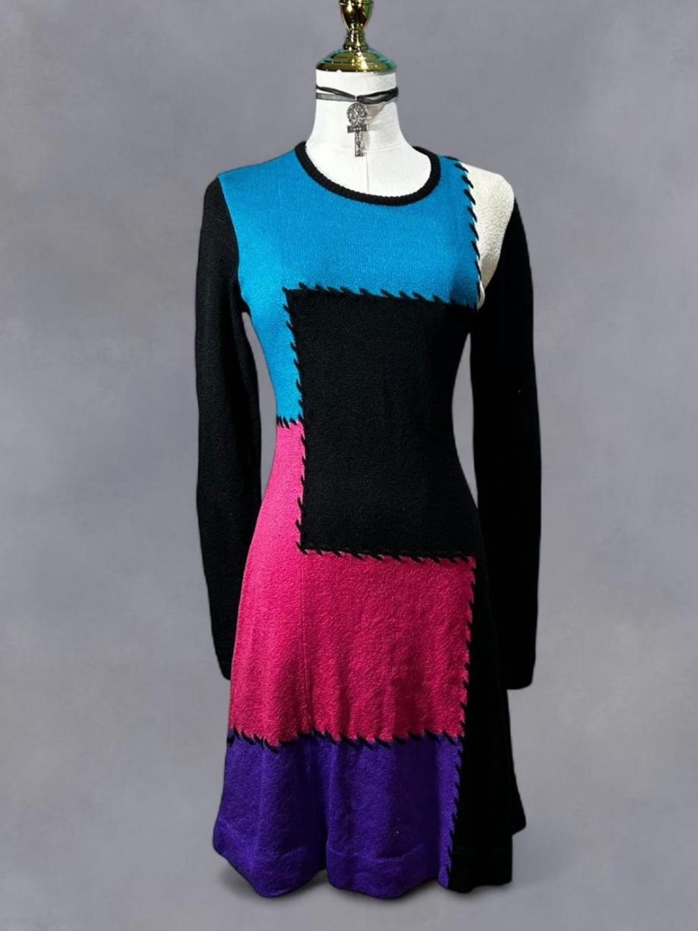 Vintage mod goth patchwork Italian knitwear fitted mini dress longsleeve Sz M